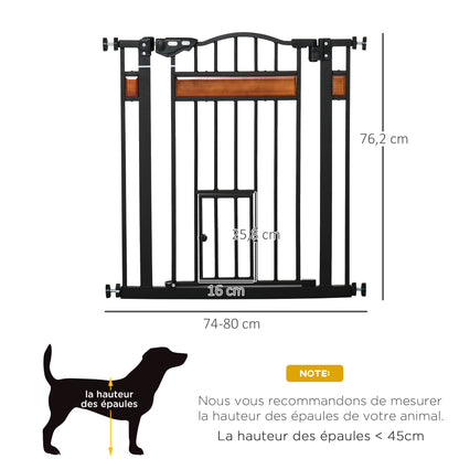 Pet Safety Barrier with Automatic Closing Door Double Locking System No Drilling from 74 to 80 cm Steel Pine Wood Black
