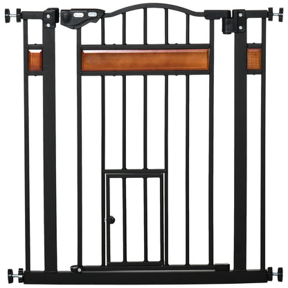 Pet Safety Barrier with Automatic Closing Door Double Locking System No Drilling from 74 to 80 cm Steel Pine Wood Black