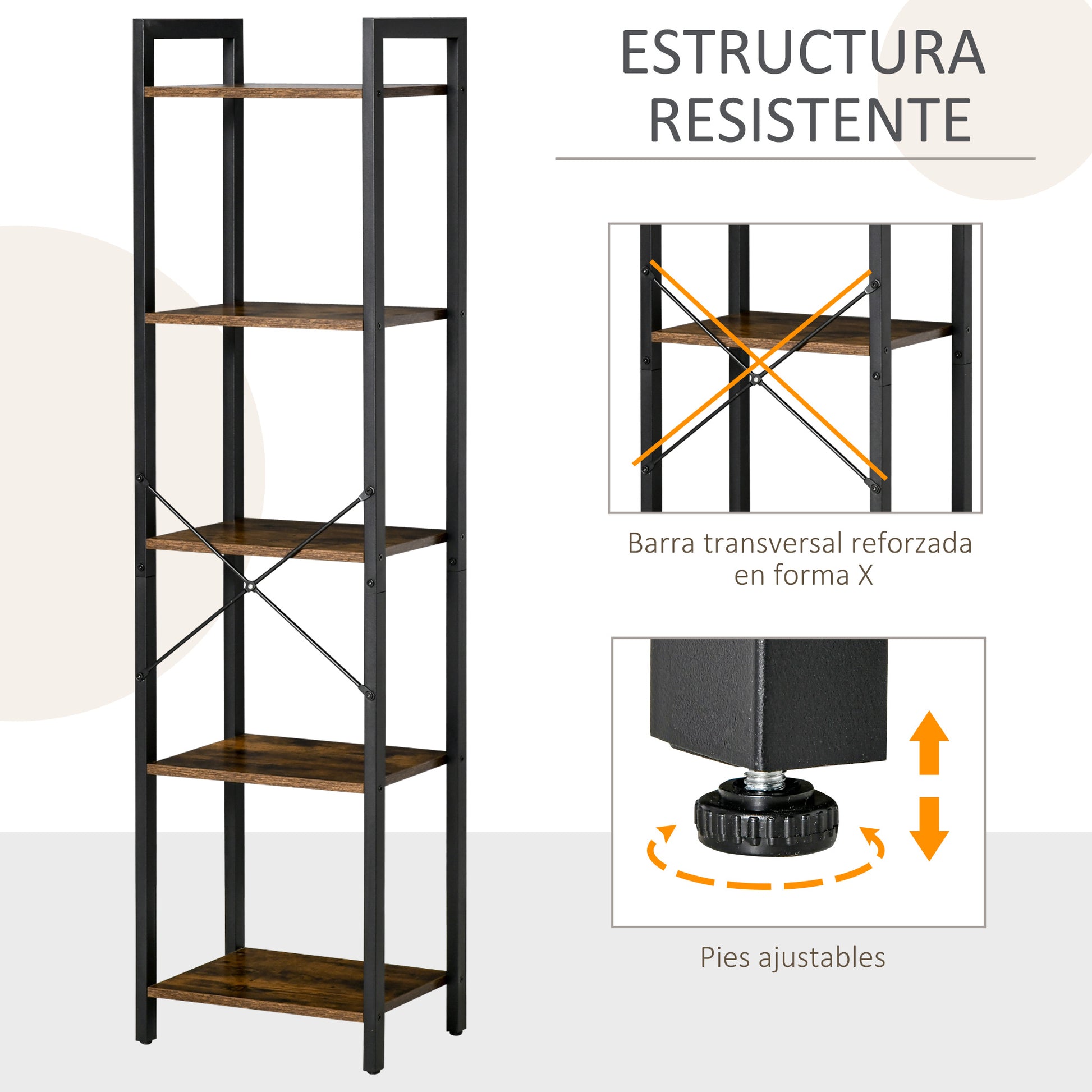 Industrial 5-Tier Bookshelf Storage Bookcase with Steel Frame for Living Room Office Kitchen Bedroom 40x30x154 cm Rustic Brown
