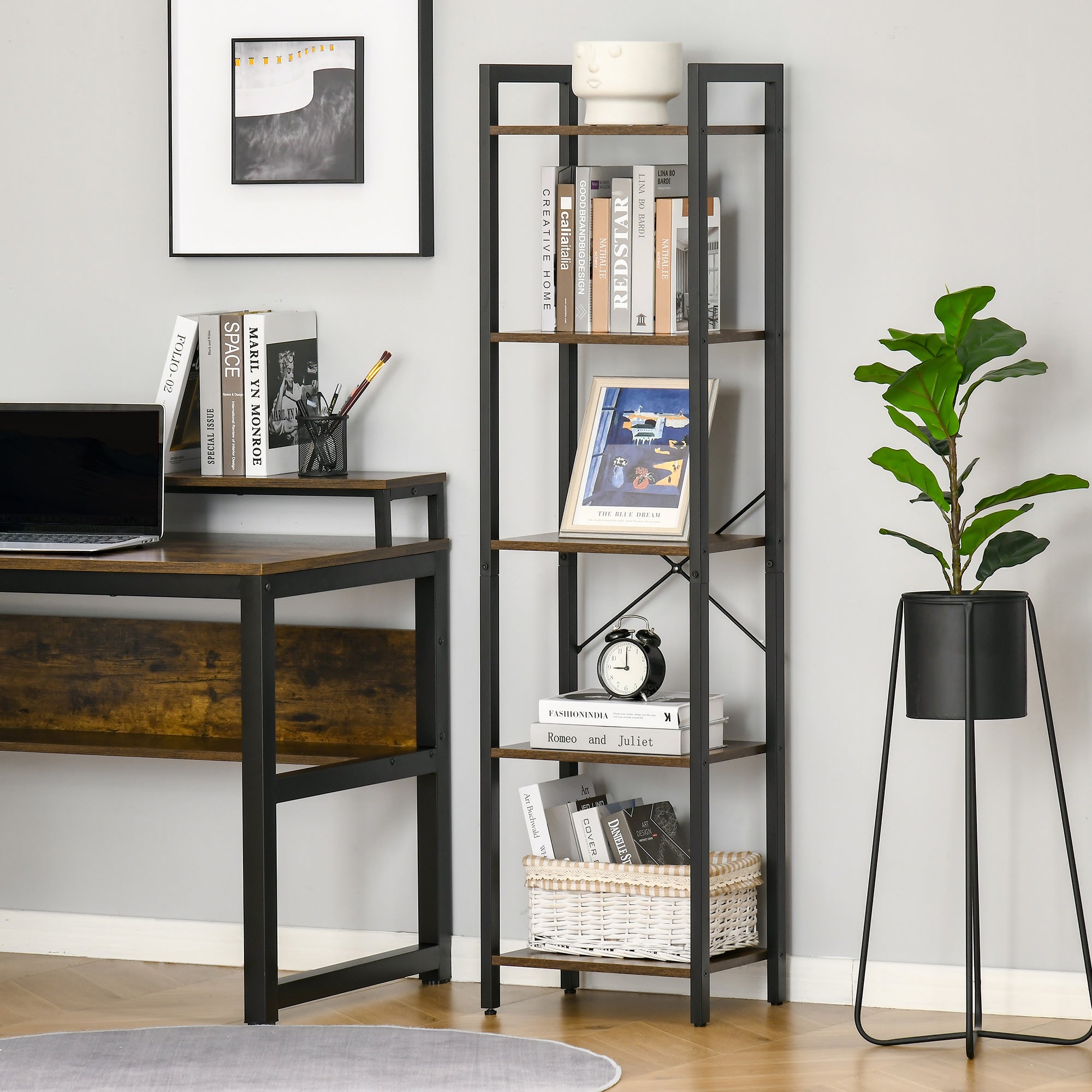 Industrial 5-Tier Bookshelf Storage Bookcase with Steel Frame for Living Room Office Kitchen Bedroom 40x30x154 cm Rustic Brown