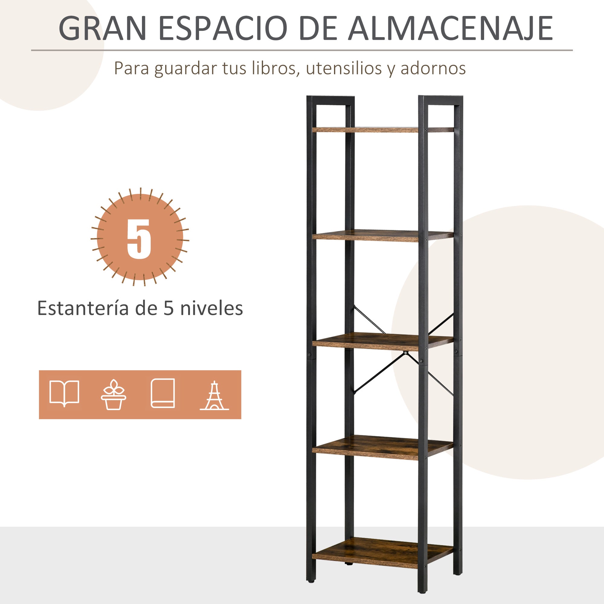 Industrial 5-Tier Bookshelf Storage Bookcase with Steel Frame for Living Room Office Kitchen Bedroom 40x30x154 cm Rustic Brown