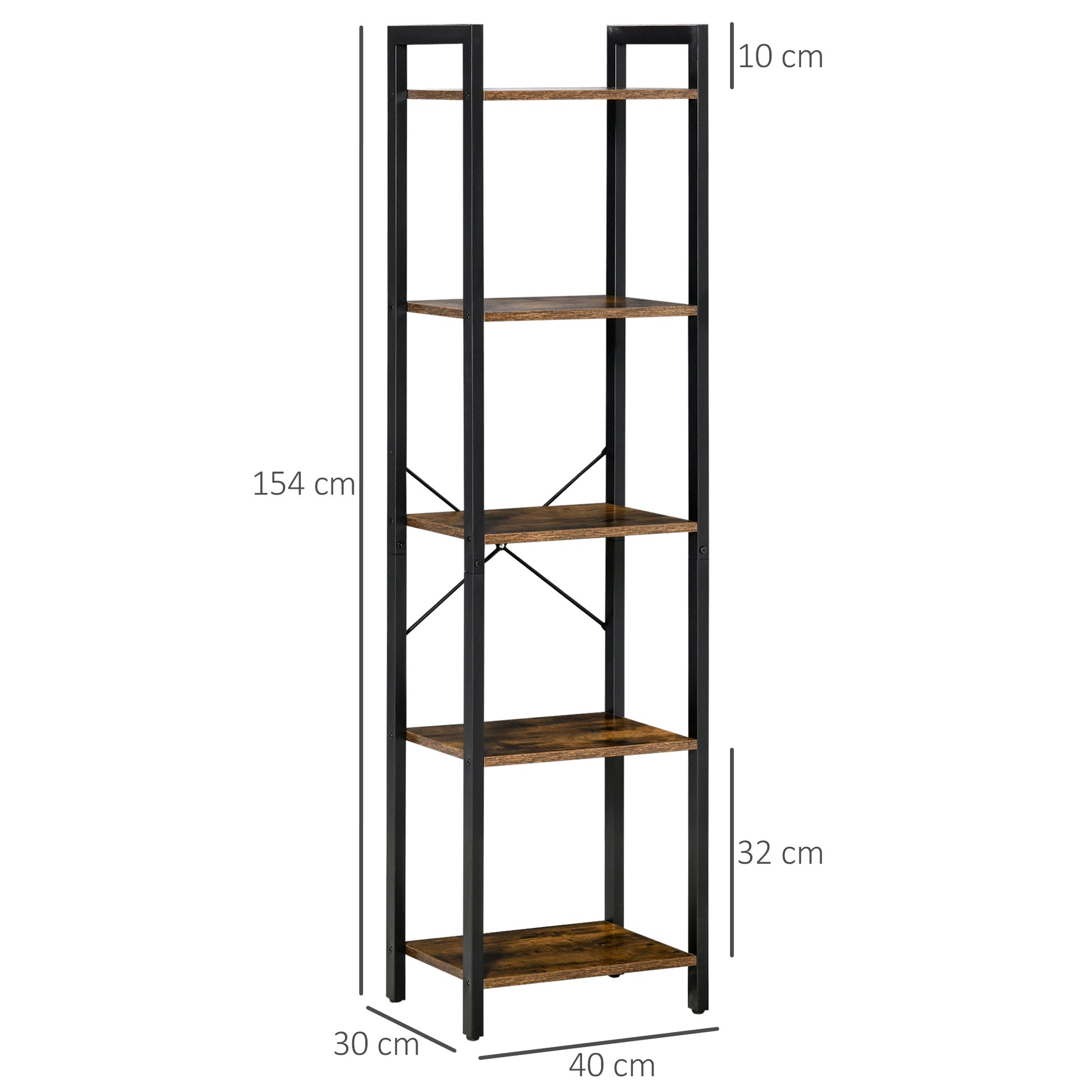 Industrial 5-Tier Bookshelf Storage Bookcase with Steel Frame for Living Room Office Kitchen Bedroom 40x30x154 cm Rustic Brown