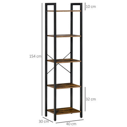 Industrial 5-Tier Bookshelf Storage Bookcase with Steel Frame for Living Room Office Kitchen Bedroom 40x30x154 cm Rustic Brown