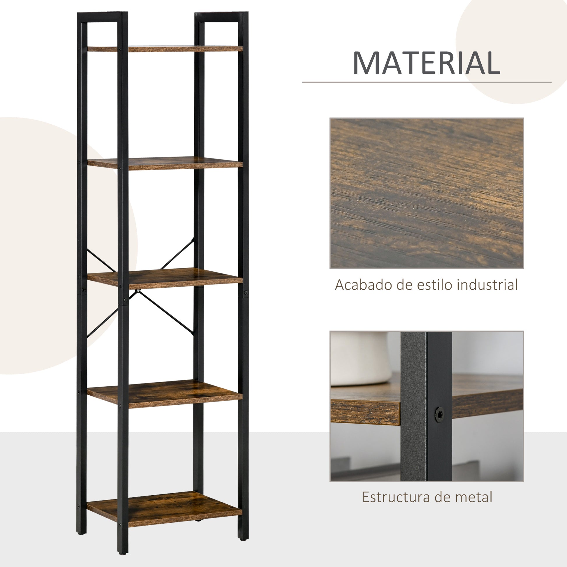 Industrial 5-Tier Bookshelf Storage Bookcase with Steel Frame for Living Room Office Kitchen Bedroom 40x30x154 cm Rustic Brown