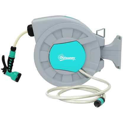 Hose Reel with Garden Hose 20m, 180° Rotatable Hose Box, Hose Reel for Wall Mounting, Water Hose Reel with Automatic Rewind, 7-function Hand Shower, Grey