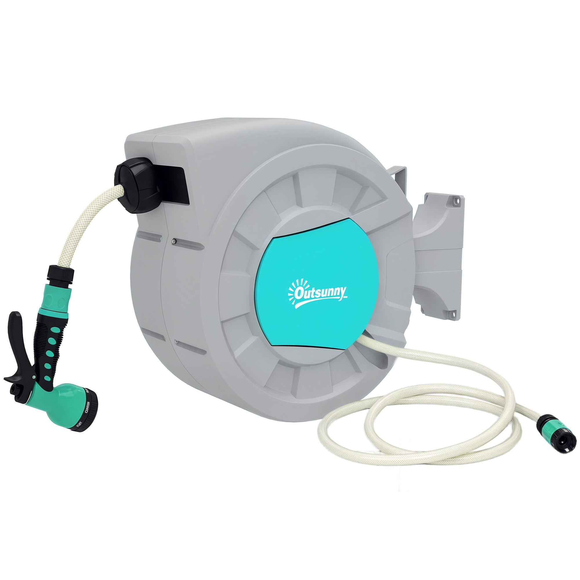 Hose Reel with Garden Hose 20m, 180° Rotatable Hose Box, Hose Reel for Wall Mounting, Water Hose Reel with Automatic Rewind, 7-function Hand Shower, Grey