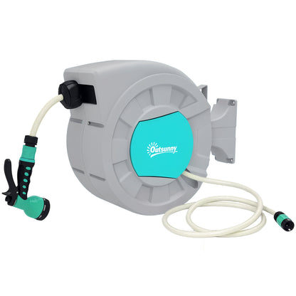 Hose Reel with Garden Hose 20m, 180° Rotatable Hose Box, Hose Reel for Wall Mounting, Water Hose Reel with Automatic Rewind, 7-function Hand Shower, Grey