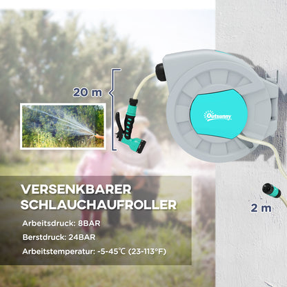 Hose Reel with Garden Hose 20m, 180° Rotatable Hose Box, Hose Reel for Wall Mounting, Water Hose Reel with Automatic Rewind, 7-function Hand Shower, Grey