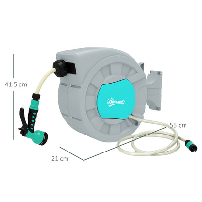 Hose Reel with Garden Hose 20m, 180° Rotatable Hose Box, Hose Reel for Wall Mounting, Water Hose Reel with Automatic Rewind, 7-function Hand Shower, Grey