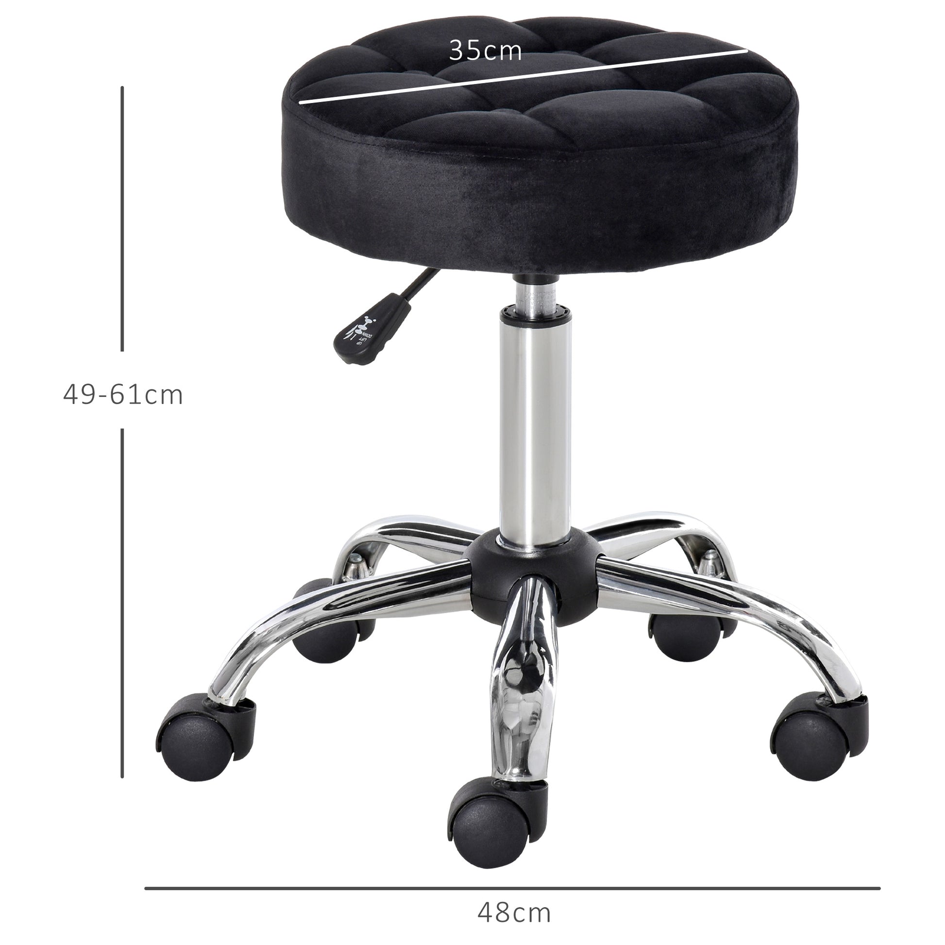 Salon Chair with Wheels Swivel Stool Adjustable Height Salon Stool Velvet Touch Foam Chrome Base Black 35 x 35 x 49-61 cm