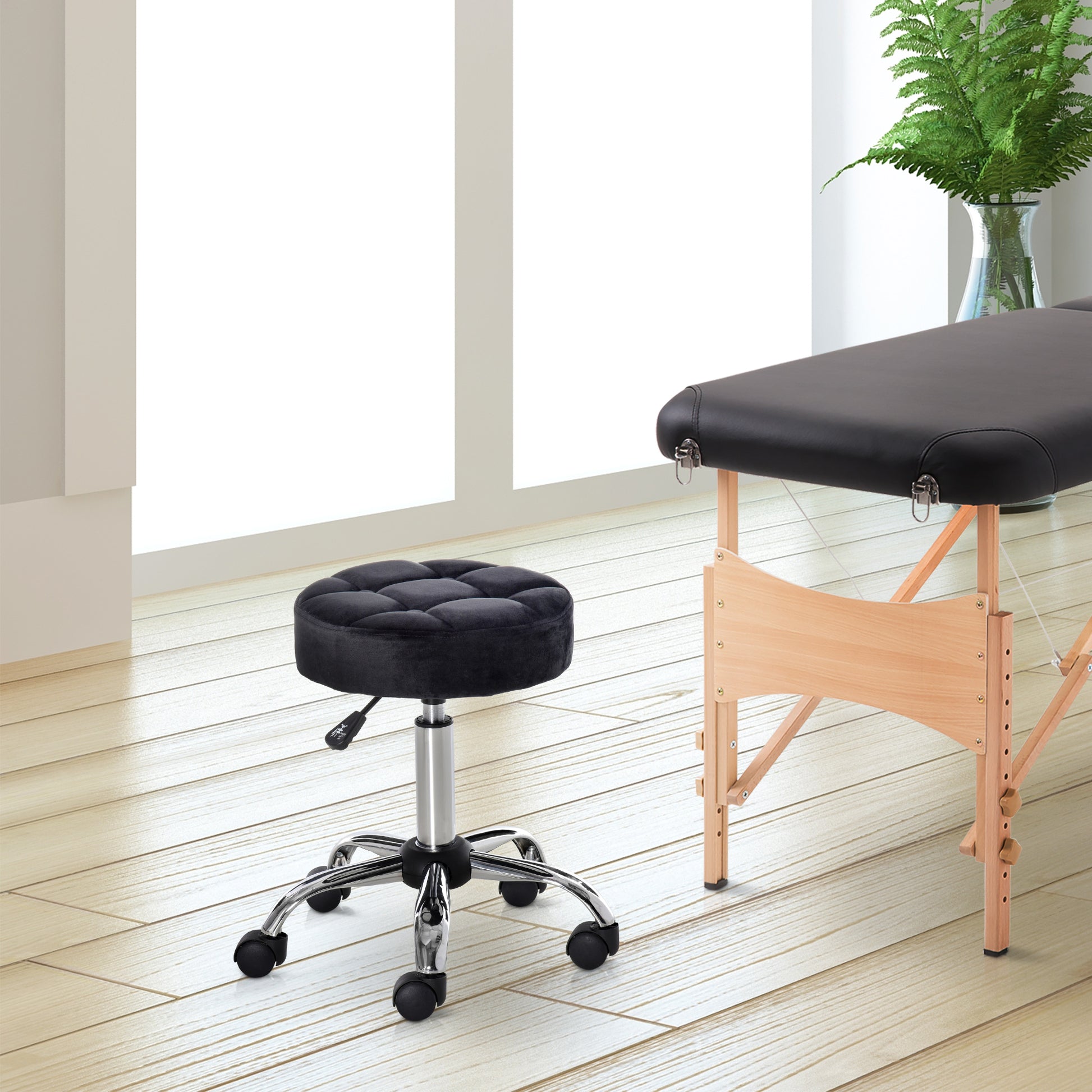 Salon Chair with Wheels Swivel Stool Adjustable Height Salon Stool Velvet Touch Foam Chrome Base Black 35 x 35 x 49-61 cm
