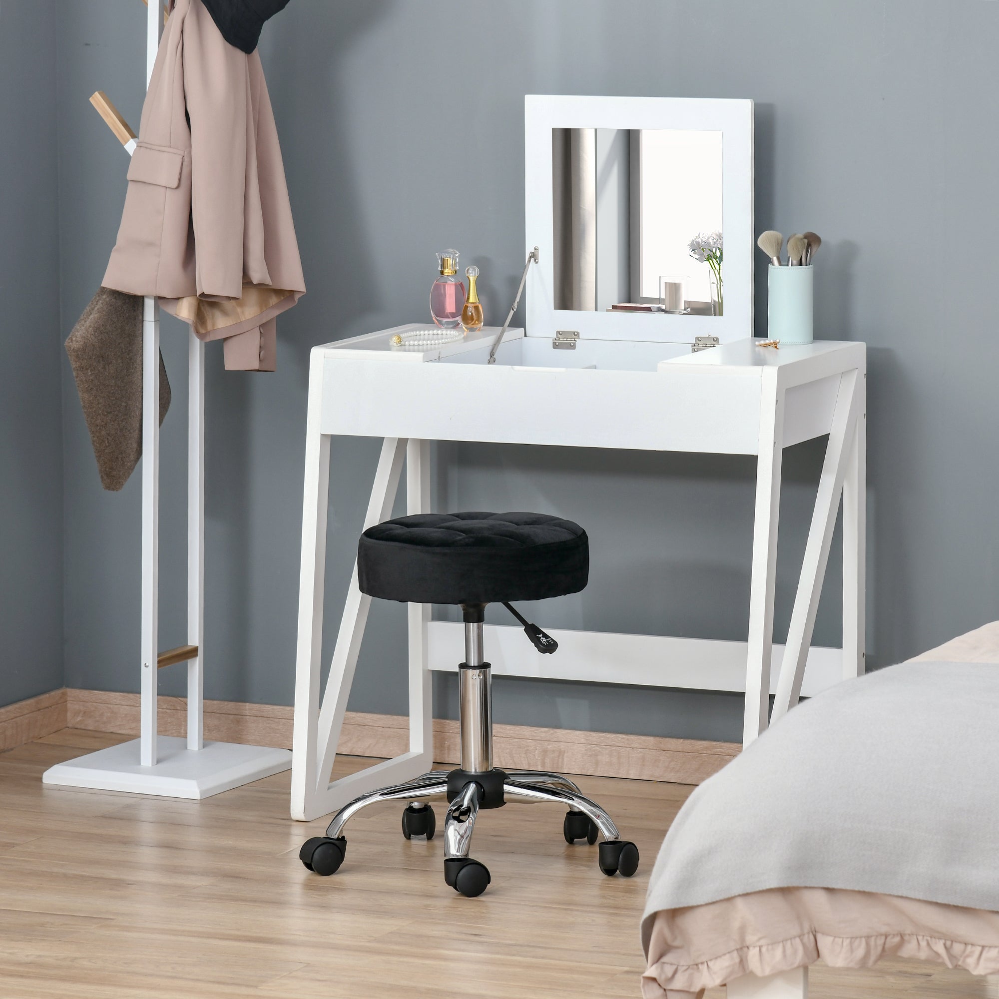 Salon Chair with Wheels Swivel Stool Adjustable Height Salon Stool Velvet Touch Foam Chrome Base Black 35 x 35 x 49-61 cm