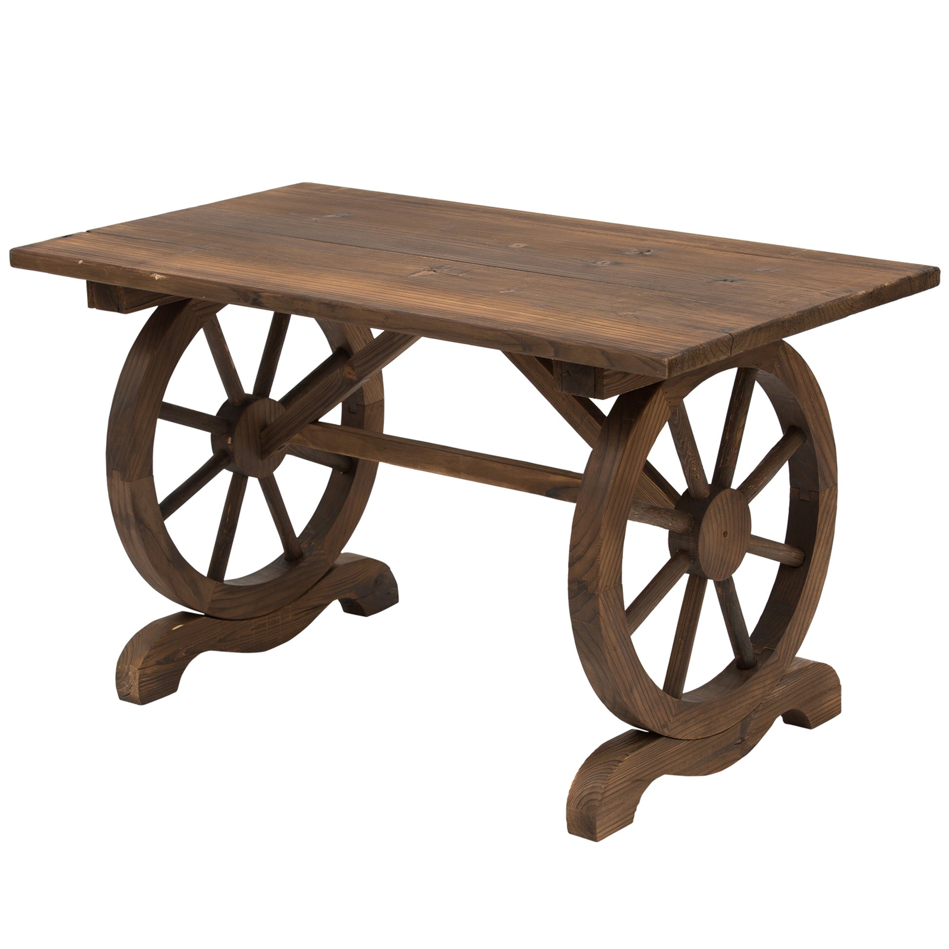 Wooden Garden Table Outdoor Terrace Table 110x60x65 cm with Wheel-Shaped Legs Load 100 kg Table for Outdoor Patio Charred Wood Finish