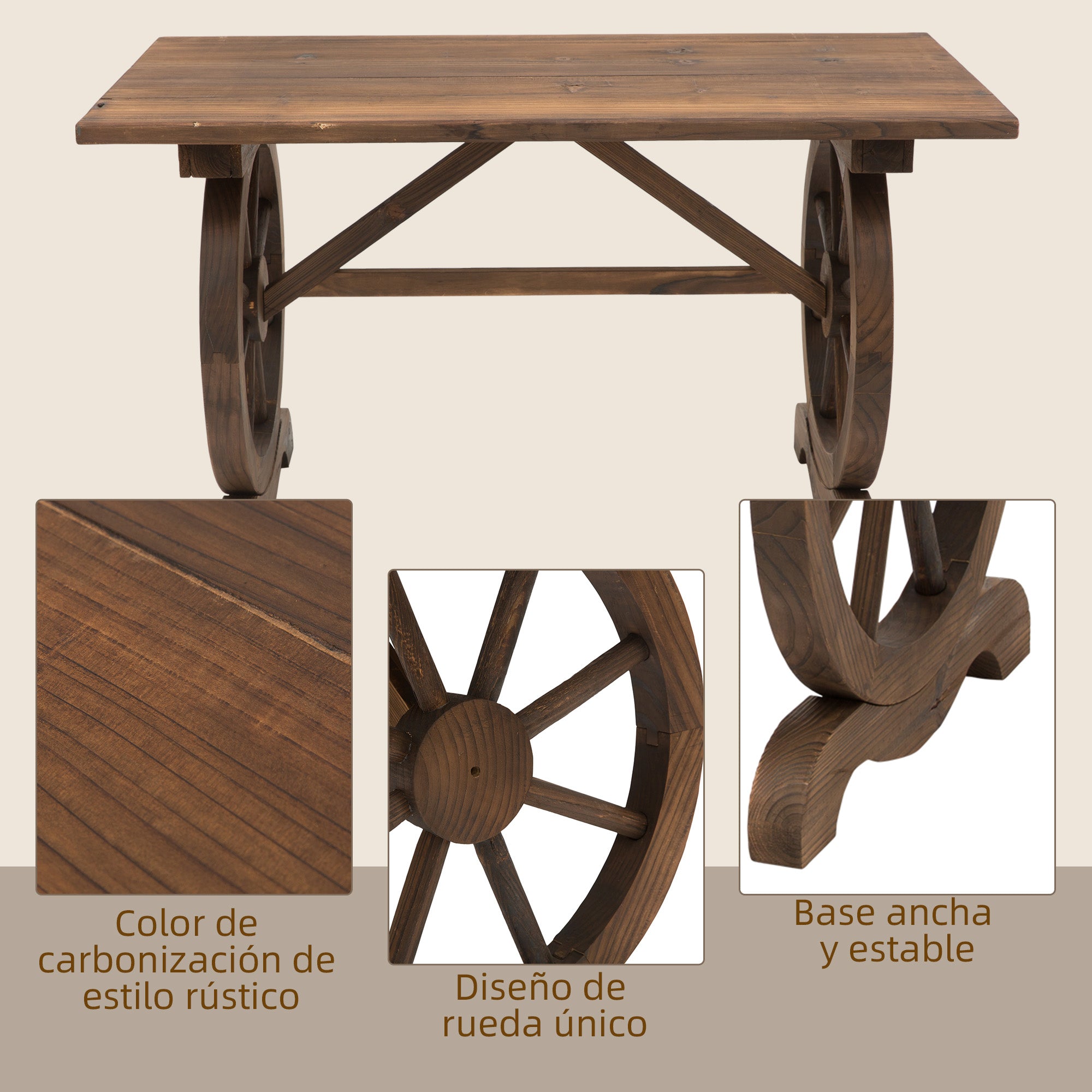 Wooden Garden Table Outdoor Terrace Table 110x60x65 cm with Wheel-Shaped Legs Load 100 kg Table for Outdoor Patio Charred Wood Finish
