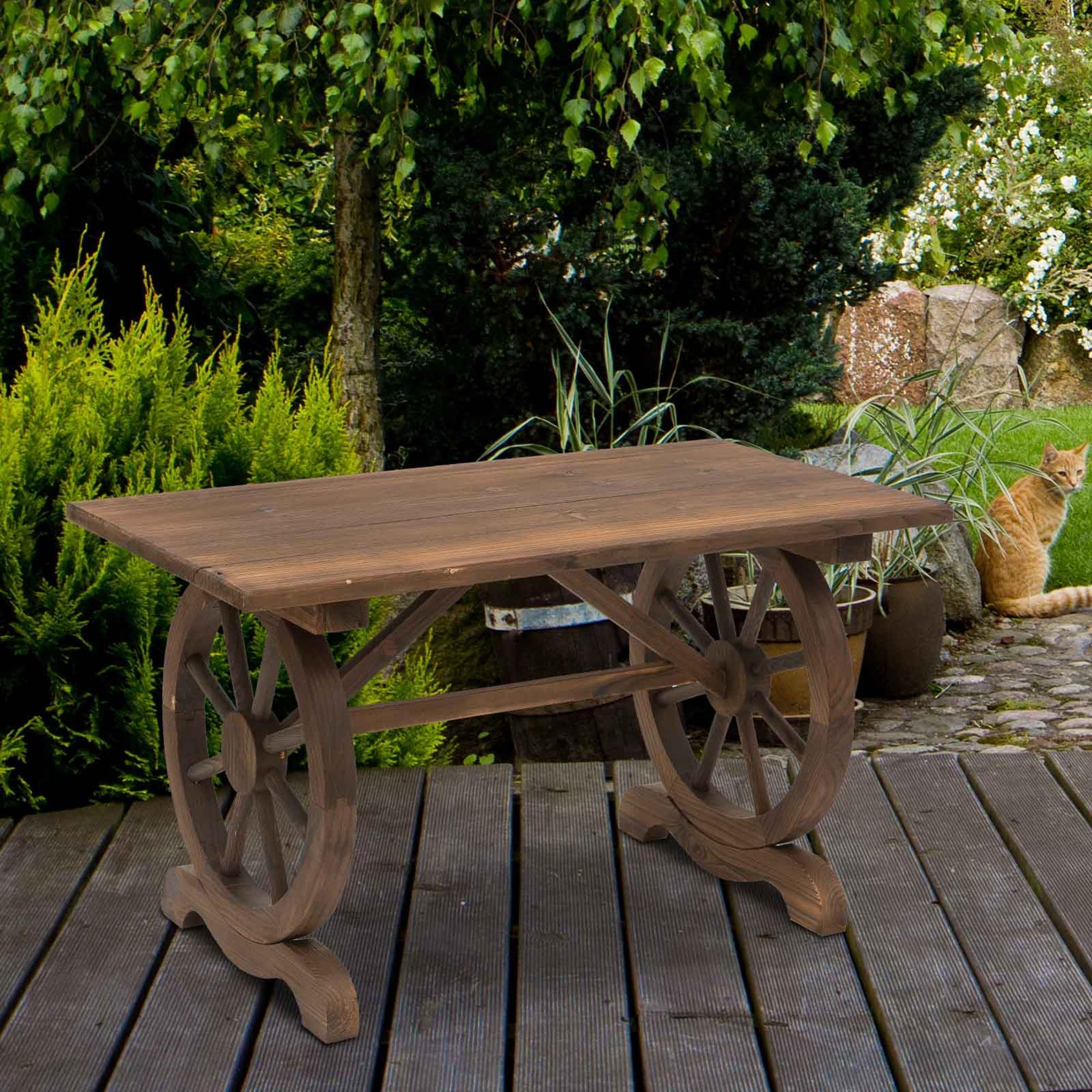 Wooden Garden Table Outdoor Terrace Table 110x60x65 cm with Wheel-Shaped Legs Load 100 kg Table for Outdoor Patio Charred Wood Finish