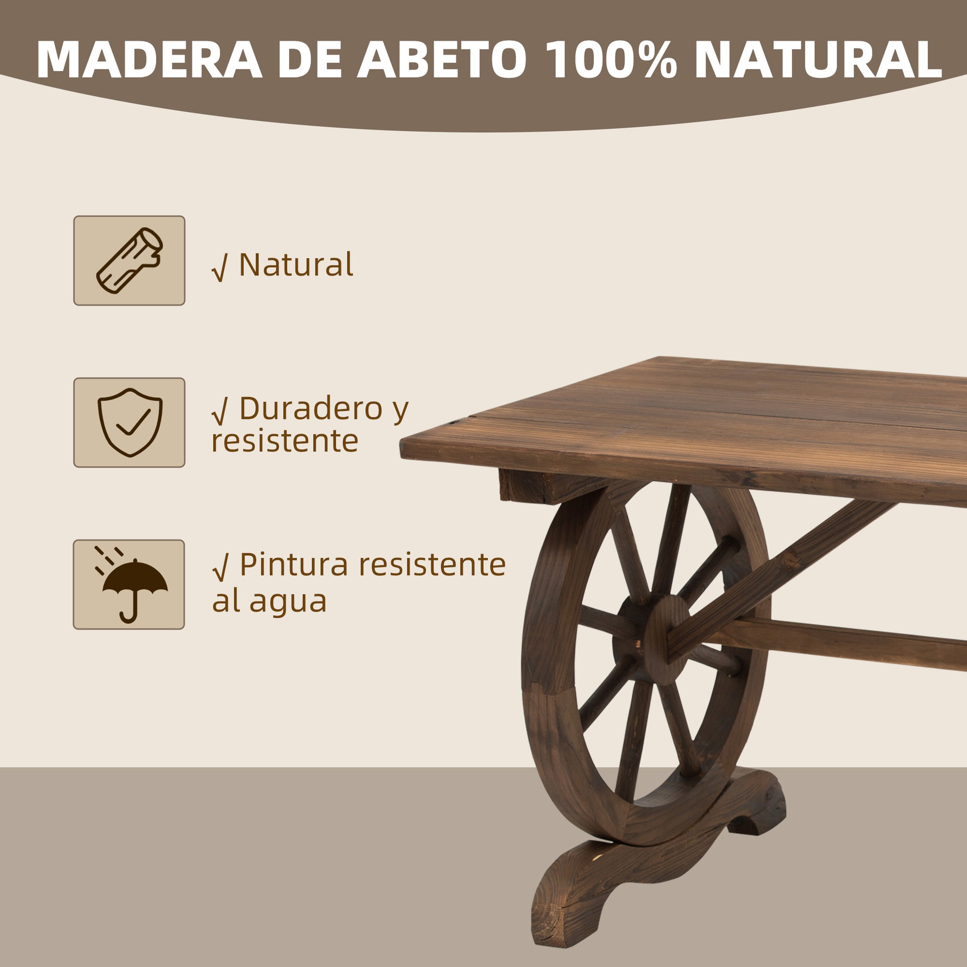 Wooden Garden Table Outdoor Terrace Table 110x60x65 cm with Wheel-Shaped Legs Load 100 kg Table for Outdoor Patio Charred Wood Finish