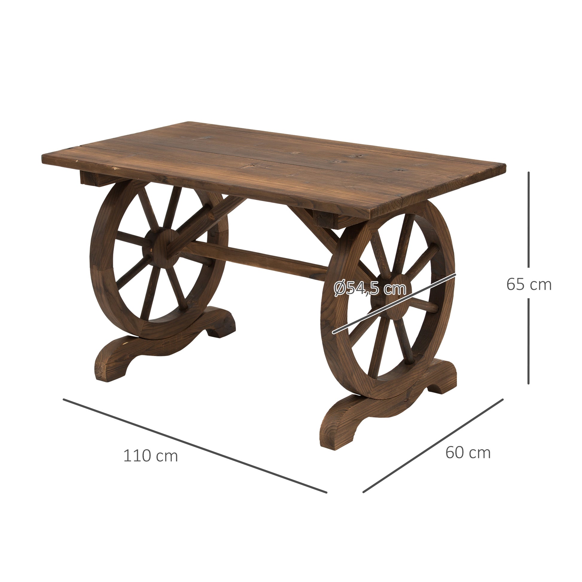 Wooden Garden Table Outdoor Terrace Table 110x60x65 cm with Wheel-Shaped Legs Load 100 kg Table for Outdoor Patio Charred Wood Finish