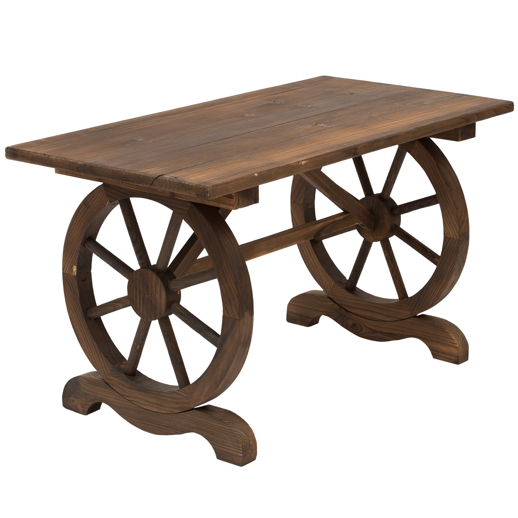 Wooden Garden Table Outdoor Terrace Table 110x60x65 cm with Wheel-Shaped Legs Load 100 kg Table for Outdoor Patio Charred Wood Finish