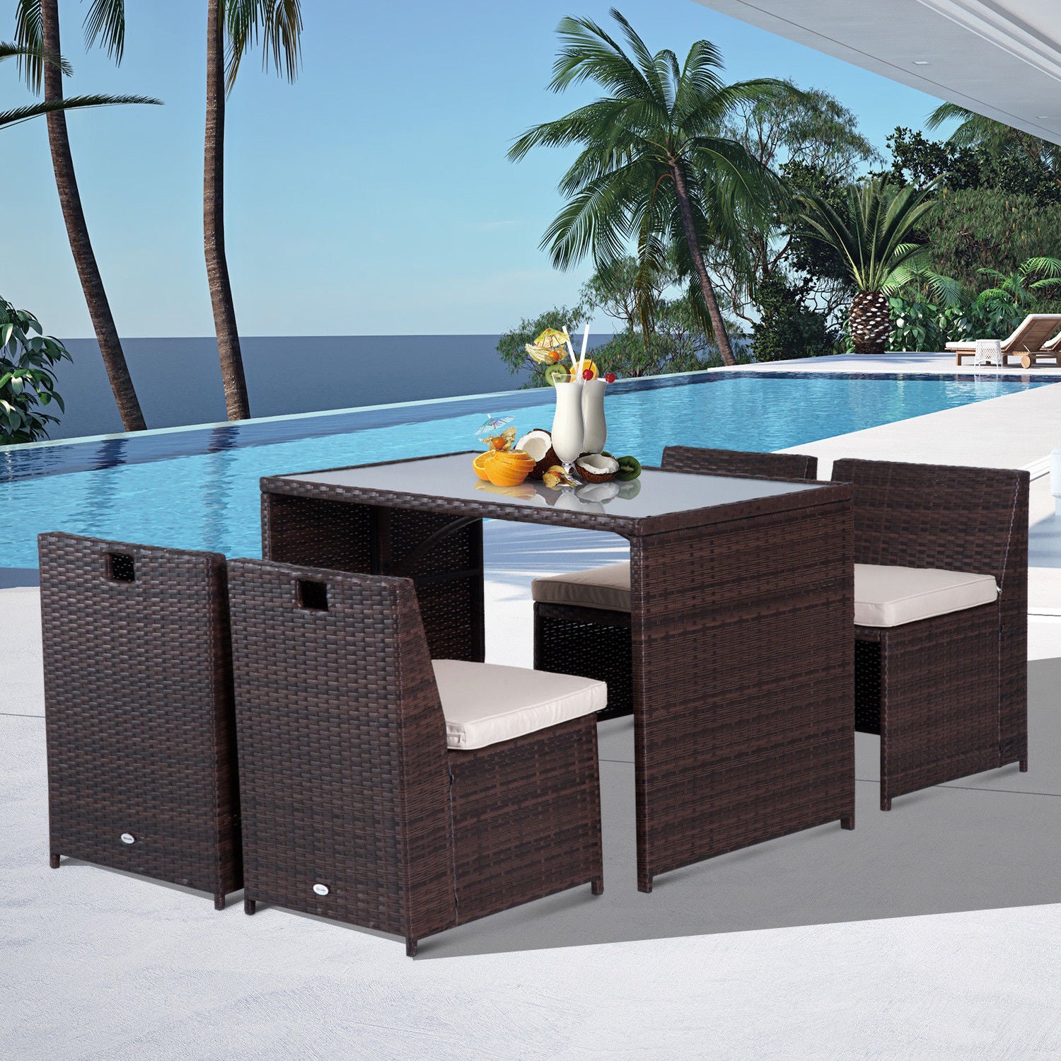 5-piece Poly Rattan Garden Furniture Set, Weatherproof Balcony Furniture for 4 People Patio Furniture with Table 4 Chairs Cushions, Lounge Set Dining Group Seating for Balcony, Garden, Brown+Khaki