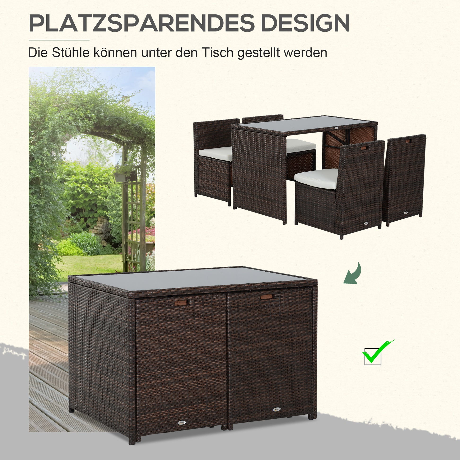5-piece Poly Rattan Garden Furniture Set, Weatherproof Balcony Furniture for 4 People Patio Furniture with Table 4 Chairs Cushions, Lounge Set Dining Group Seating for Balcony, Garden, Brown+Khaki
