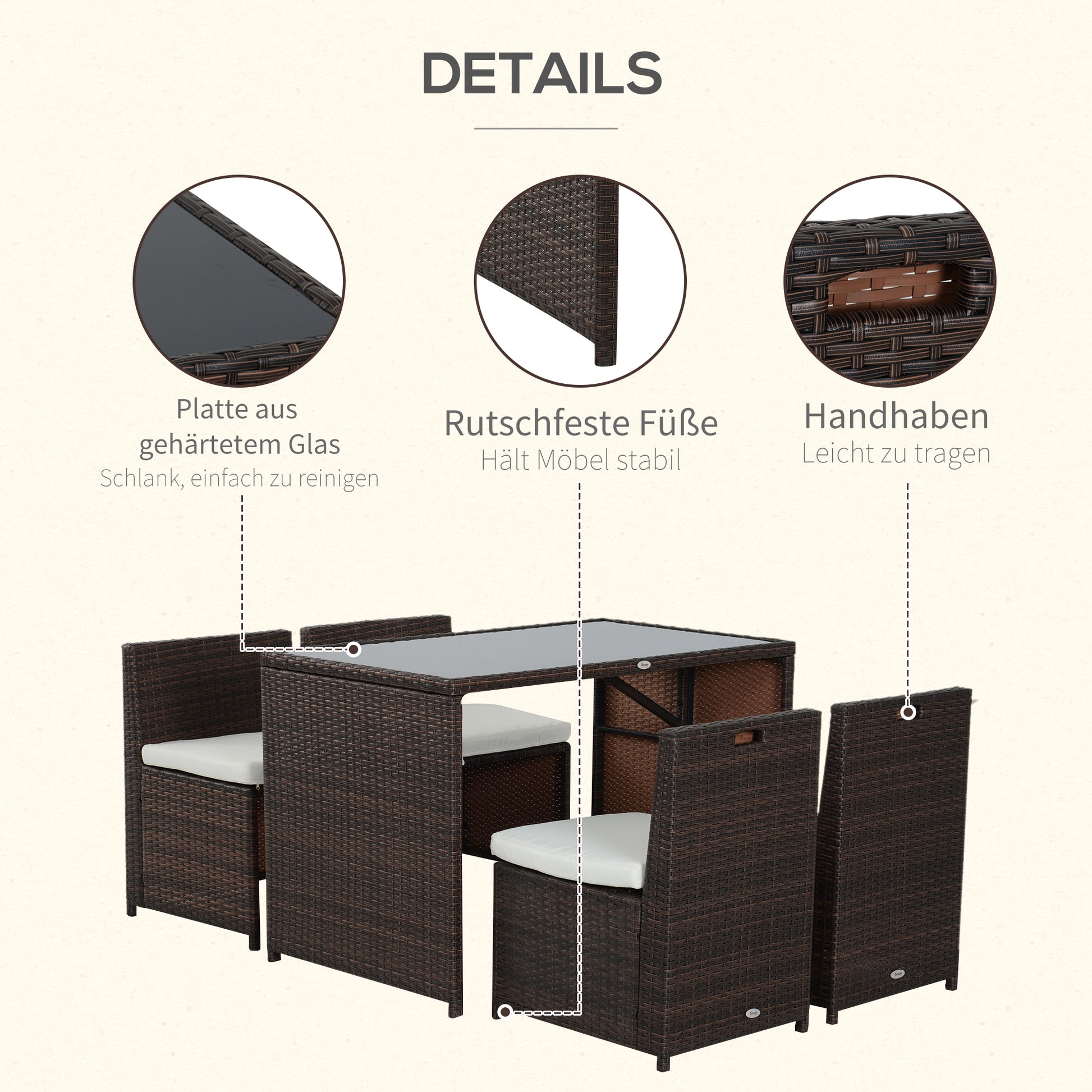 5-piece Poly Rattan Garden Furniture Set, Weatherproof Balcony Furniture for 4 People Patio Furniture with Table 4 Chairs Cushions, Lounge Set Dining Group Seating for Balcony, Garden, Brown+Khaki