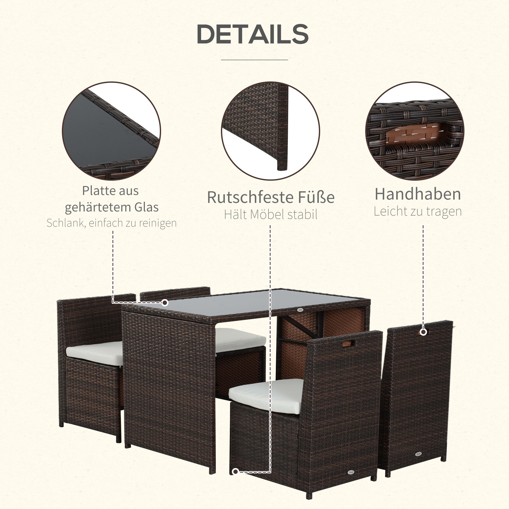 5-piece Poly Rattan Garden Furniture Set, Weatherproof Balcony Furniture for 4 People Patio Furniture with Table 4 Chairs Cushions, Lounge Set Dining Group Seating for Balcony, Garden, Brown+Khaki