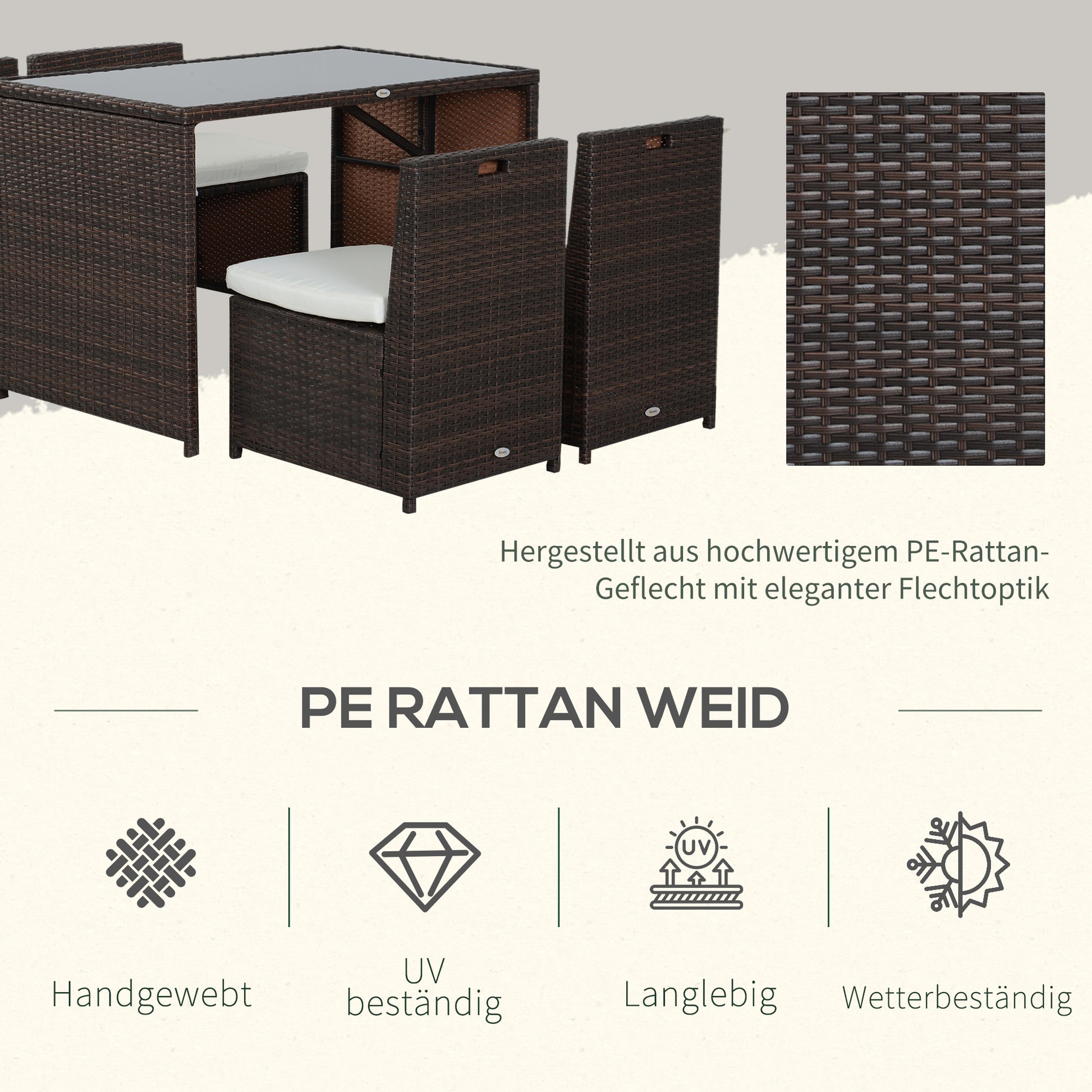 5-piece Poly Rattan Garden Furniture Set, Weatherproof Balcony Furniture for 4 People Patio Furniture with Table 4 Chairs Cushions, Lounge Set Dining Group Seating for Balcony, Garden, Brown+Khaki