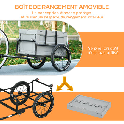 Bike Trailer with Removable and Foldable 65L Storage Box, Puncture-Proof Wheels and Safety Reflectors, Maximum Load 40KG, Gray
