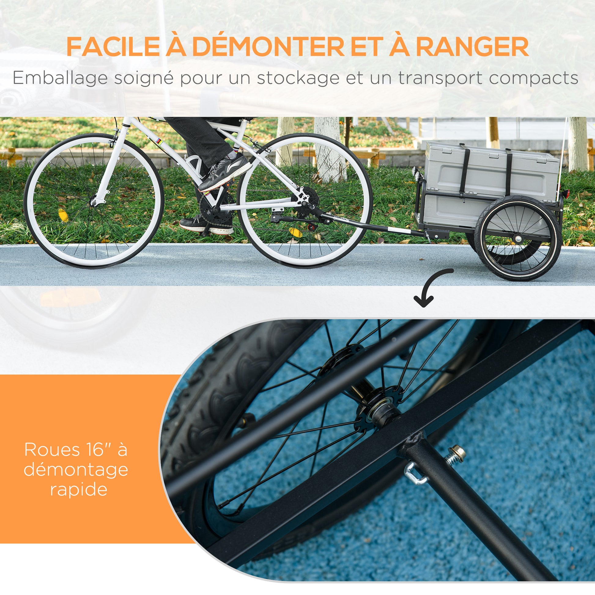 Bike Trailer with Removable and Foldable 65L Storage Box, Puncture-Proof Wheels and Safety Reflectors, Maximum Load 40KG, Gray