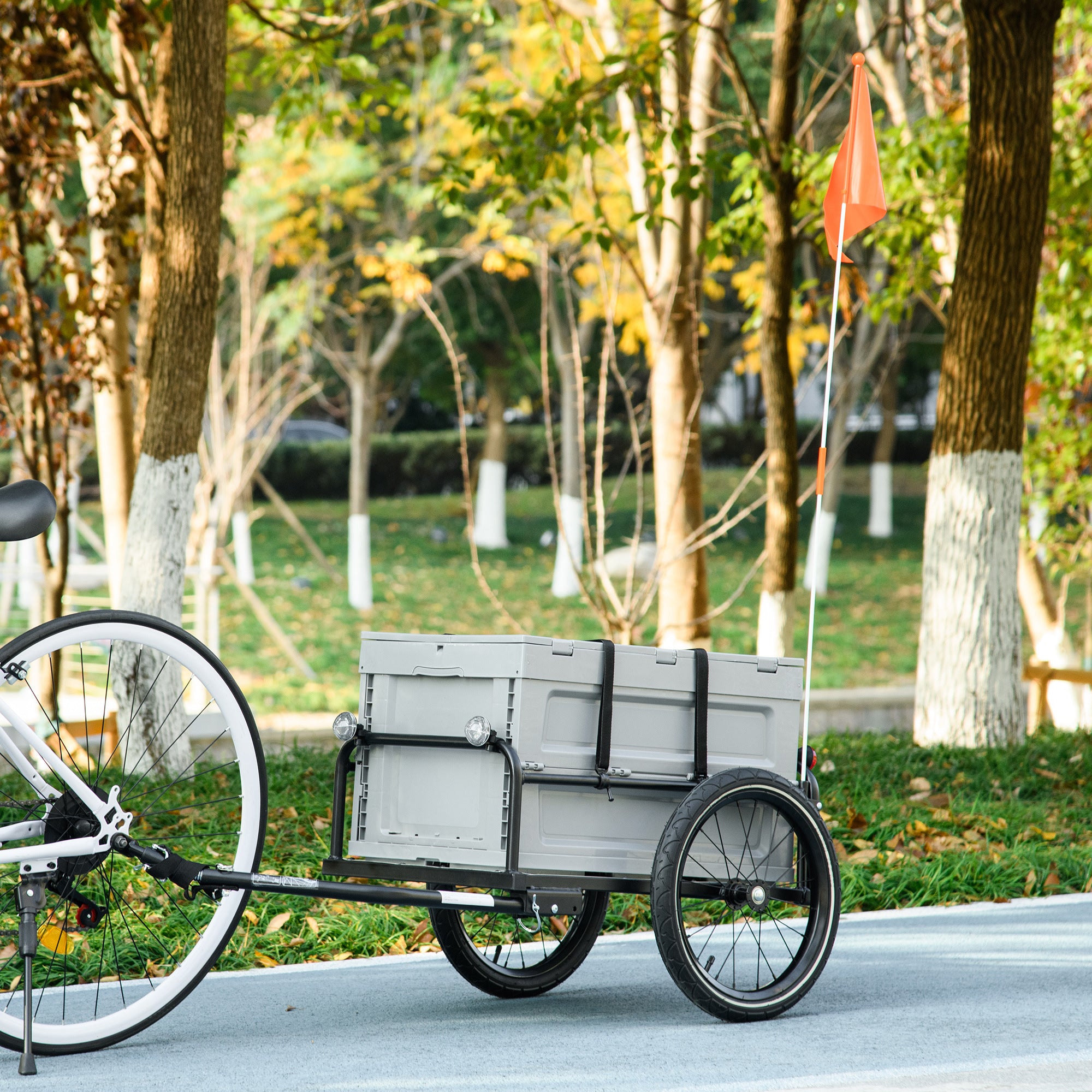 Bike Trailer with Removable and Foldable 65L Storage Box, Puncture-Proof Wheels and Safety Reflectors, Maximum Load 40KG, Gray
