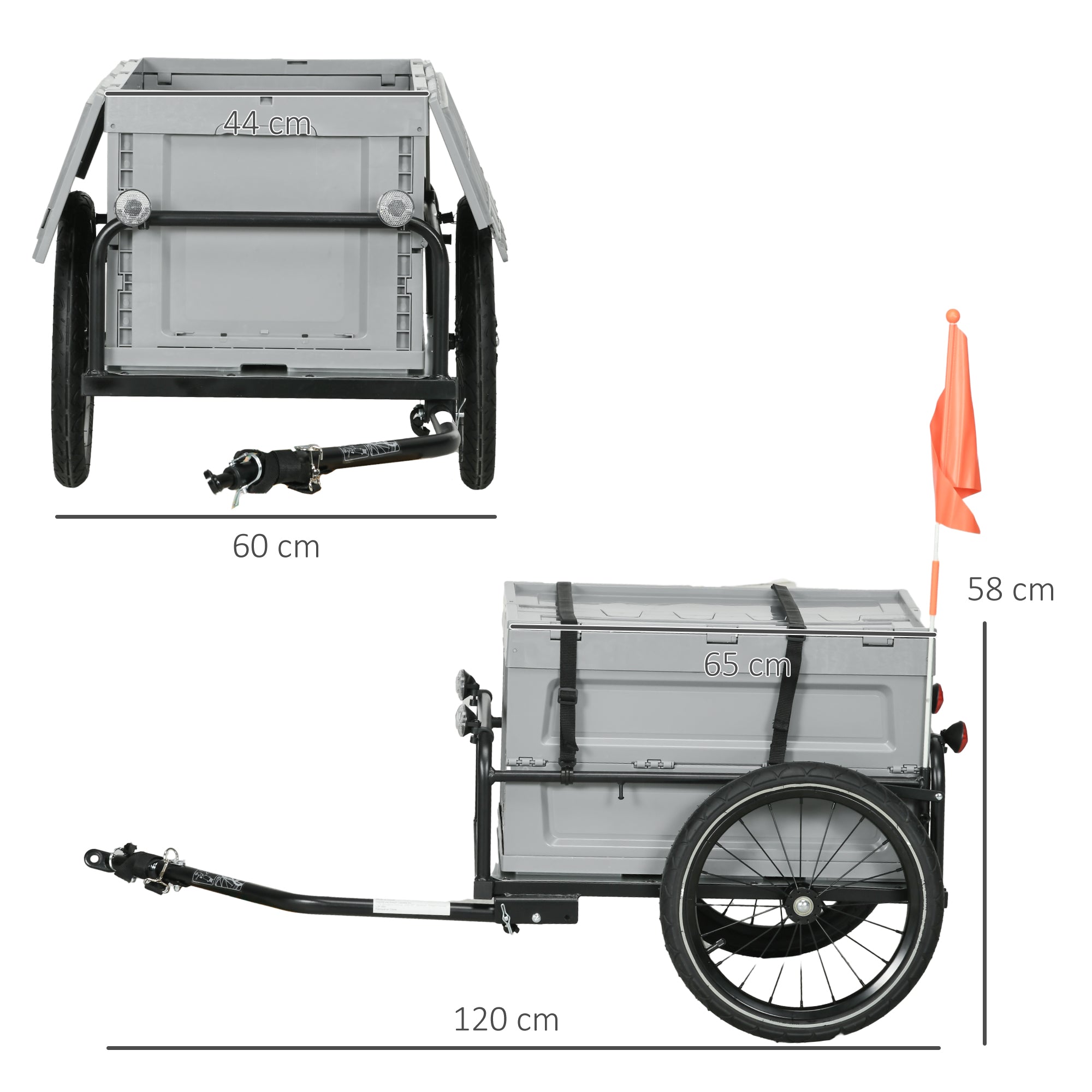 Bike Trailer with Removable and Foldable 65L Storage Box, Puncture-Proof Wheels and Safety Reflectors, Maximum Load 40KG, Gray