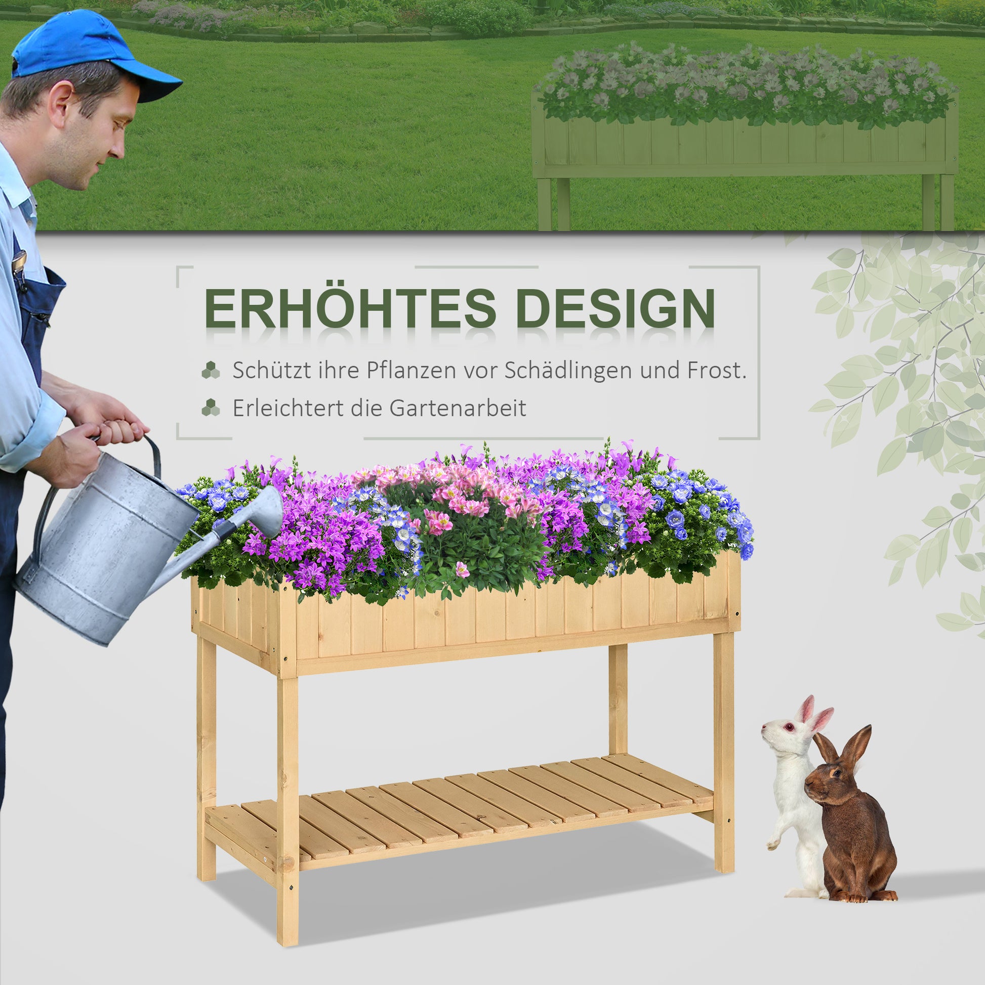 Planting Table Raised Bed Planter Box Propagation Table 8 Compartments with Drainage Shelf Solid Pine Wood Natural 120 x 60 x 81 cm