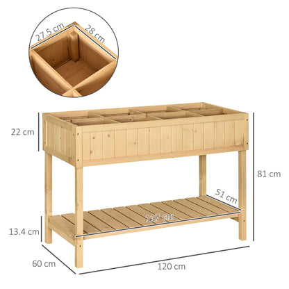 Planting Table Raised Bed Planter Box Propagation Table 8 Compartments with Drainage Shelf Solid Pine Wood Natural 120 x 60 x 81 cm