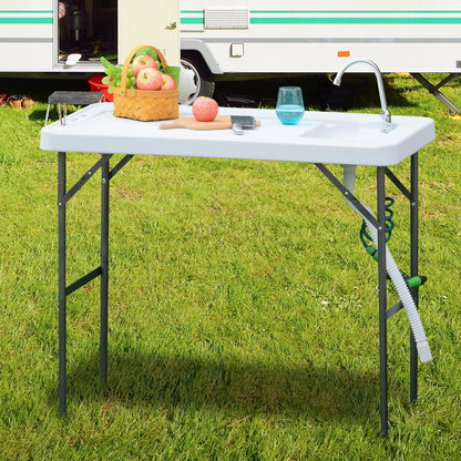Folding Picnic Table with Multifunctional Sink Faucet and Extendable Water Gun for Balcony Garden Camping BBQ Outdoor Metal 114.5x59x94.5 cm White