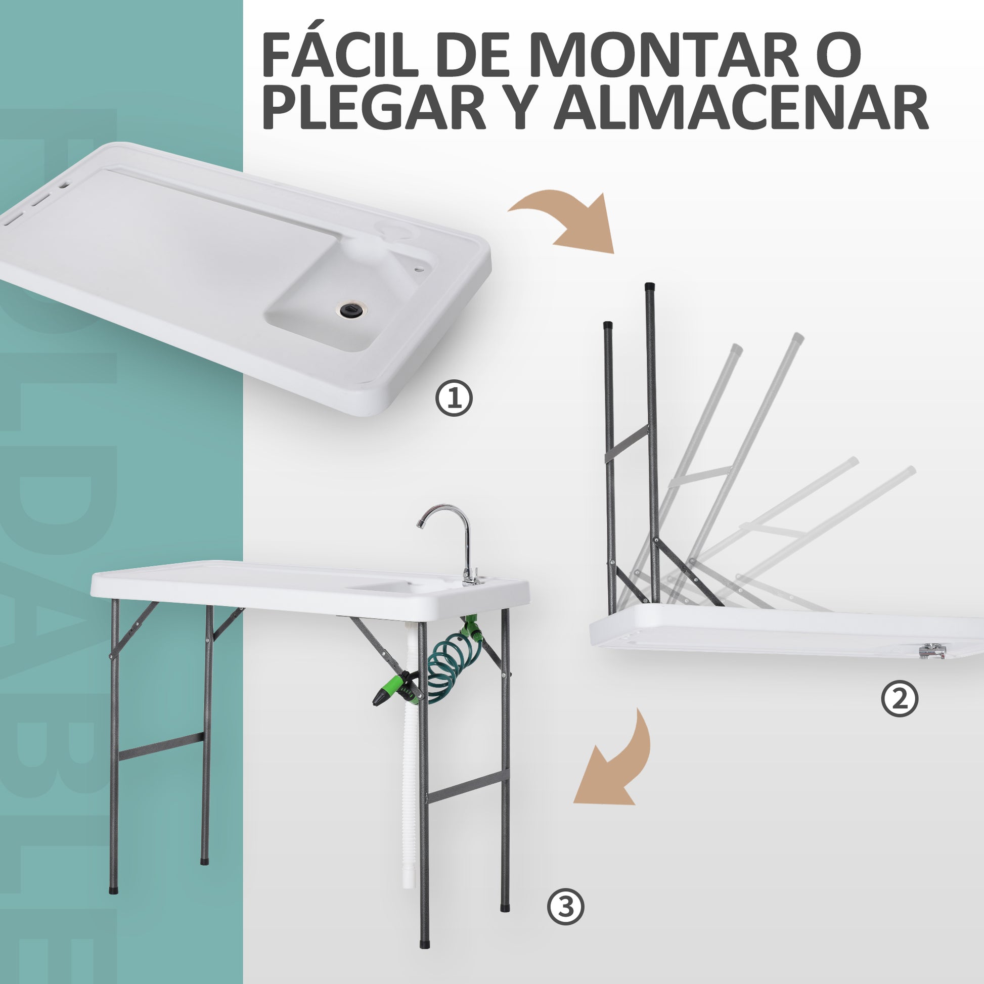 Folding Picnic Table with Multifunctional Sink Faucet and Extendable Water Gun for Balcony Garden Camping BBQ Outdoor Metal 114.5x59x94.5 cm White
