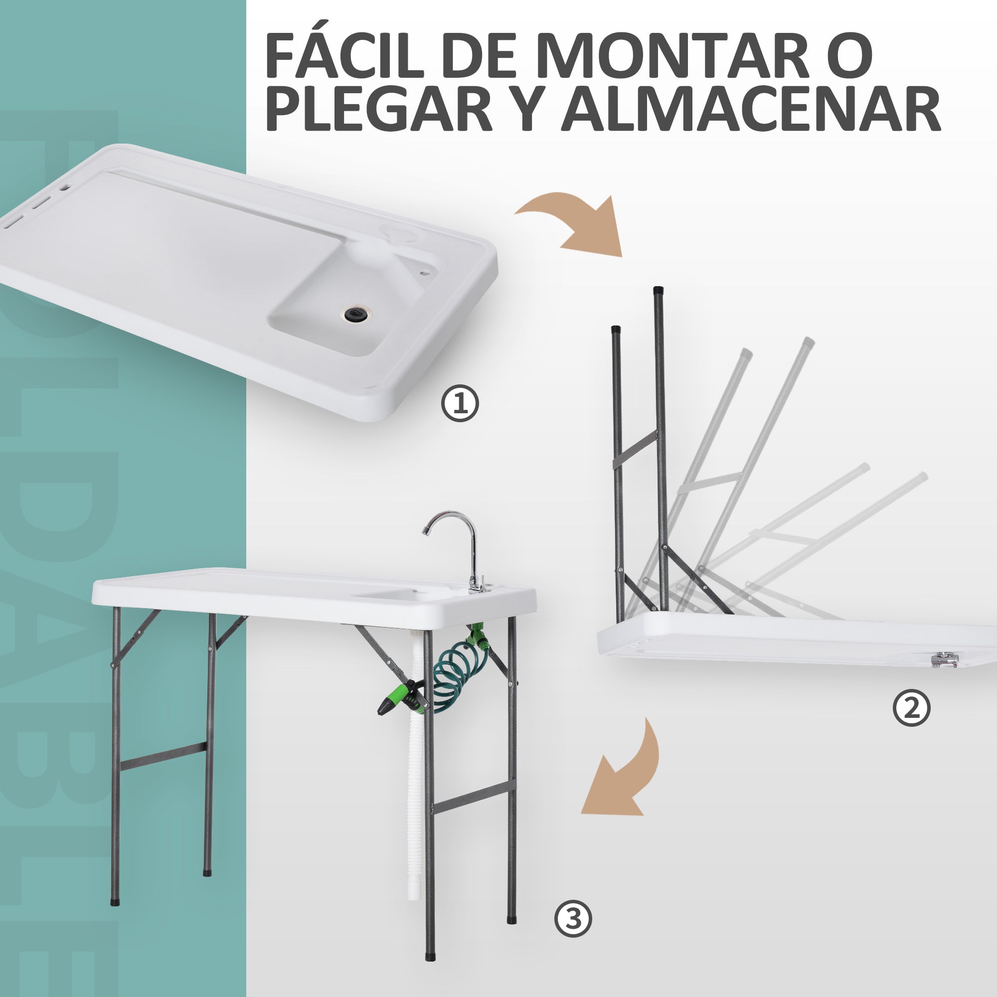 Folding Picnic Table with Multifunctional Sink Faucet and Extendable Water Gun for Balcony Garden Camping BBQ Outdoor Metal 114.5x59x94.5 cm White