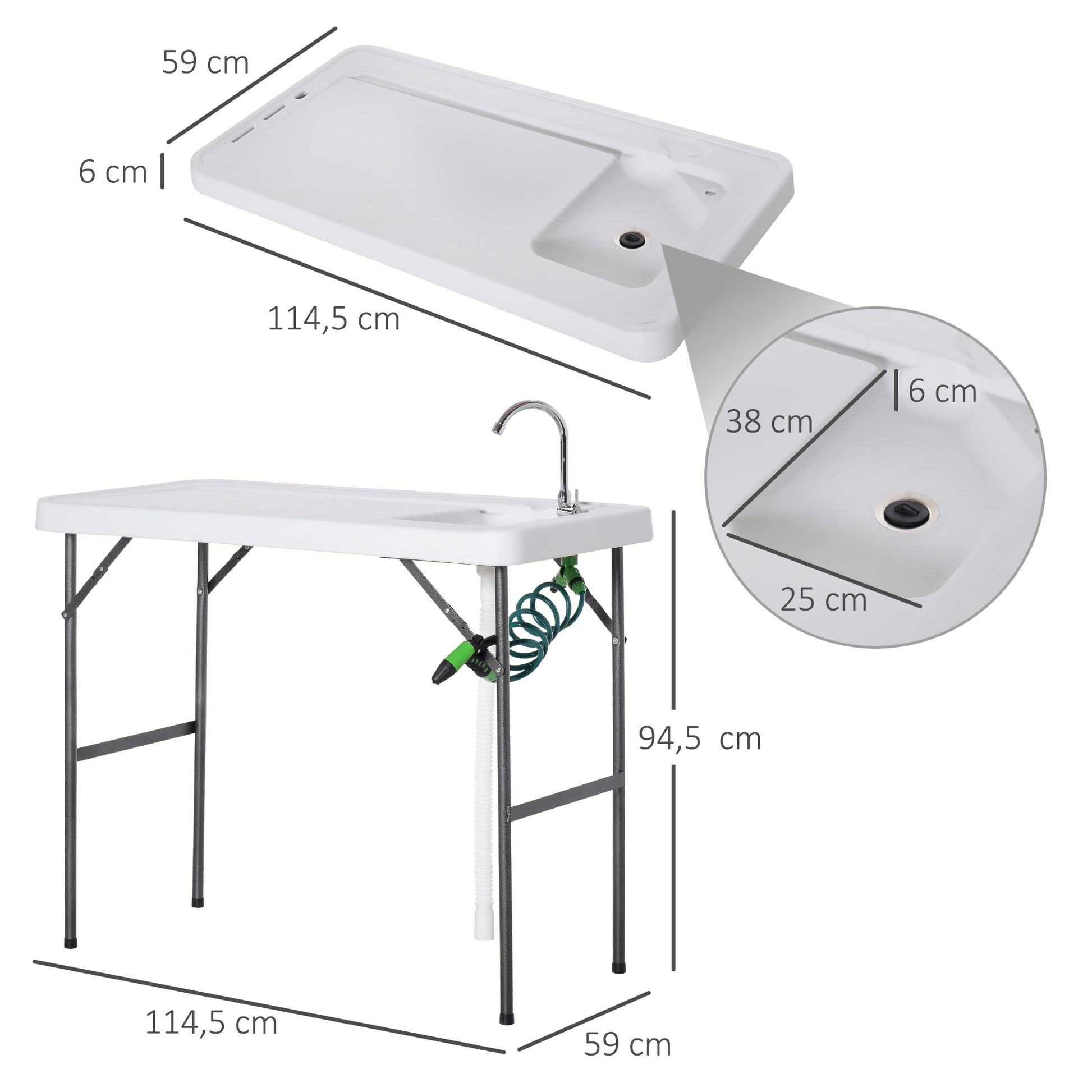 Folding Picnic Table with Multifunctional Sink Faucet and Extendable Water Gun for Balcony Garden Camping BBQ Outdoor Metal 114.5x59x94.5 cm White