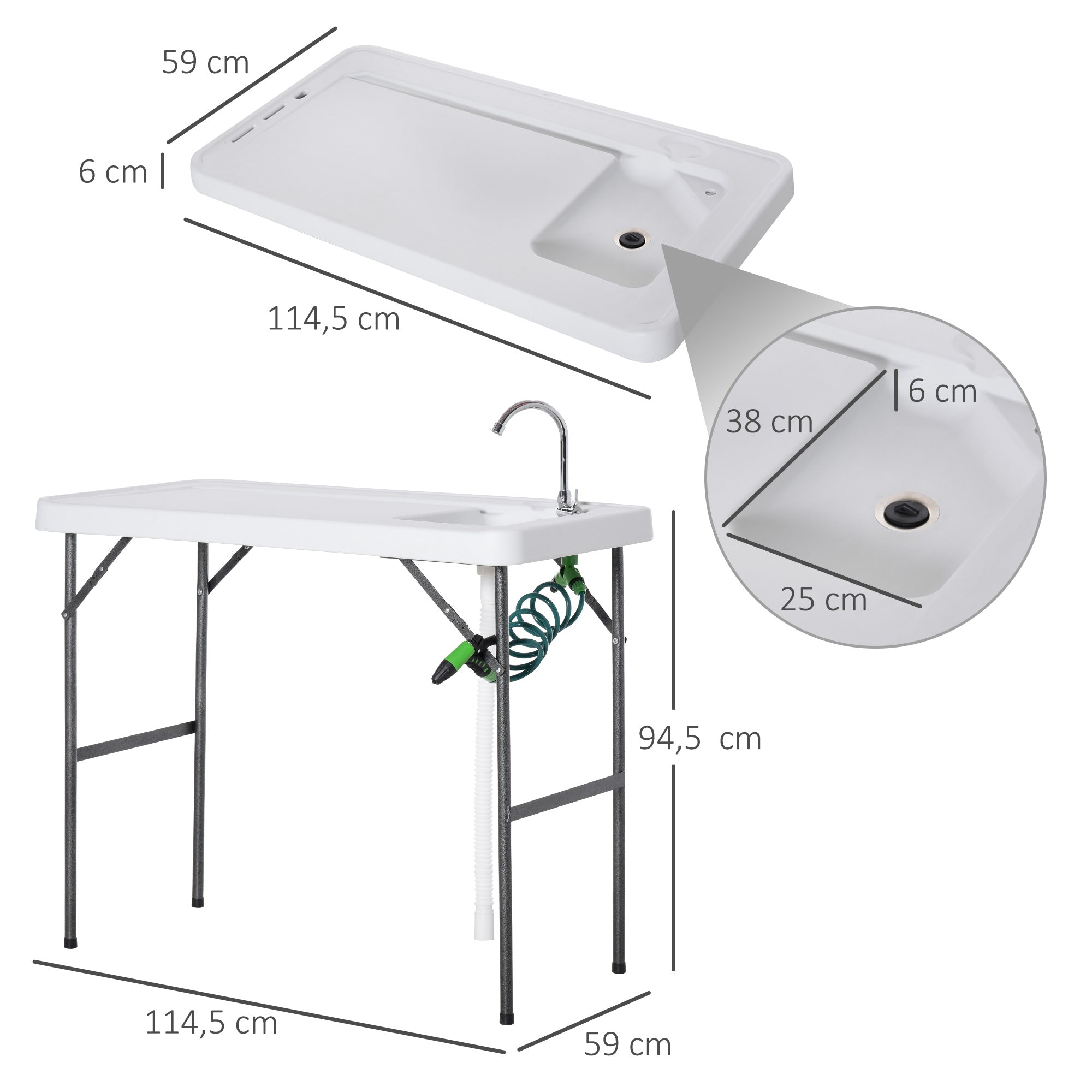Folding Picnic Table with Multifunctional Sink Faucet and Extendable Water Gun for Balcony Garden Camping BBQ Outdoor Metal 114.5x59x94.5 cm White