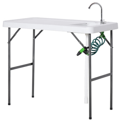 Folding Picnic Table with Multifunctional Sink Faucet and Extendable Water Gun for Balcony Garden Camping BBQ Outdoor Metal 114.5x59x94.5 cm White