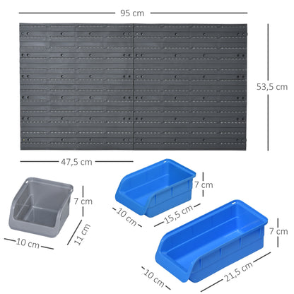 Wall Shelf with Stackable Boxes 44 pcs Tool Pegboard Tool Holder Tool Wall for Workshop Storage Bins Hook Set PP Blue 54x22x95 cm