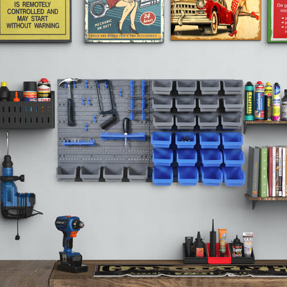Wall Shelf with Stackable Boxes 44 pcs Tool Pegboard Tool Holder Tool Wall for Workshop Storage Bins Hook Set PP Blue 54x22x95 cm