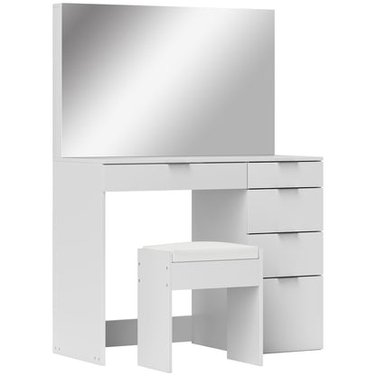 Makeup Table Set with Mirror and 5 Drawers 97.2x44.5x136.5 cm and Padded Makeup Stool 40x24x46 cm, White
