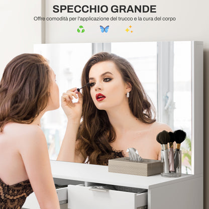 Makeup Table Set with Mirror and 5 Drawers 97.2x44.5x136.5 cm and Padded Makeup Stool 40x24x46 cm, White