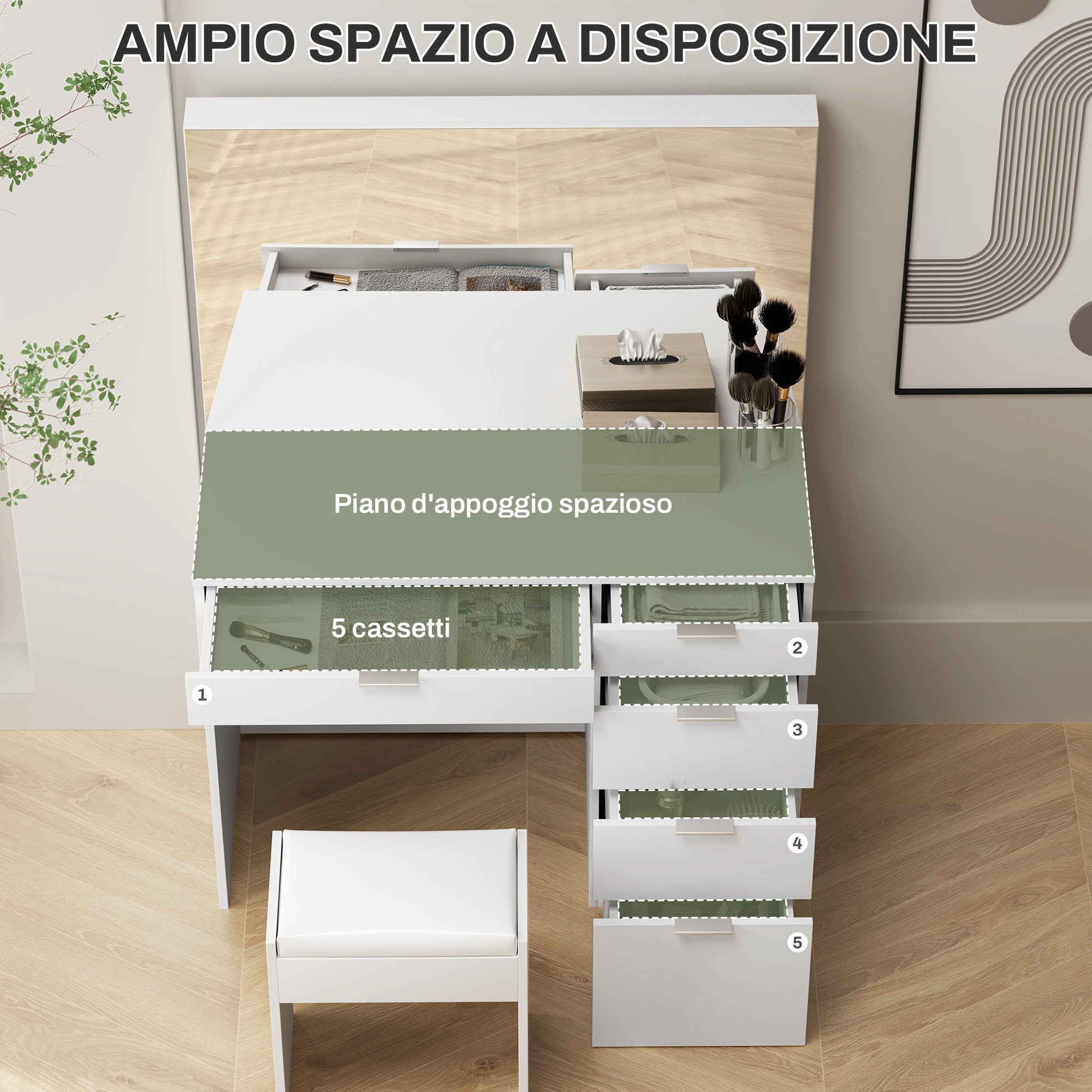 Makeup Table Set with Mirror and 5 Drawers 97.2x44.5x136.5 cm and Padded Makeup Stool 40x24x46 cm, White