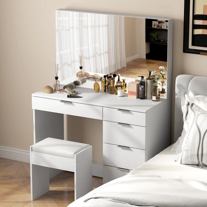 Makeup Table Set with Mirror and 5 Drawers 97.2x44.5x136.5 cm and Padded Makeup Stool 40x24x46 cm, White