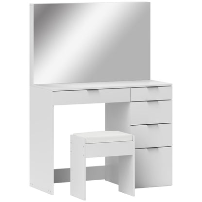 Makeup Table Set with Mirror and 5 Drawers 97.2x44.5x136.5 cm and Padded Makeup Stool 40x24x46 cm, White