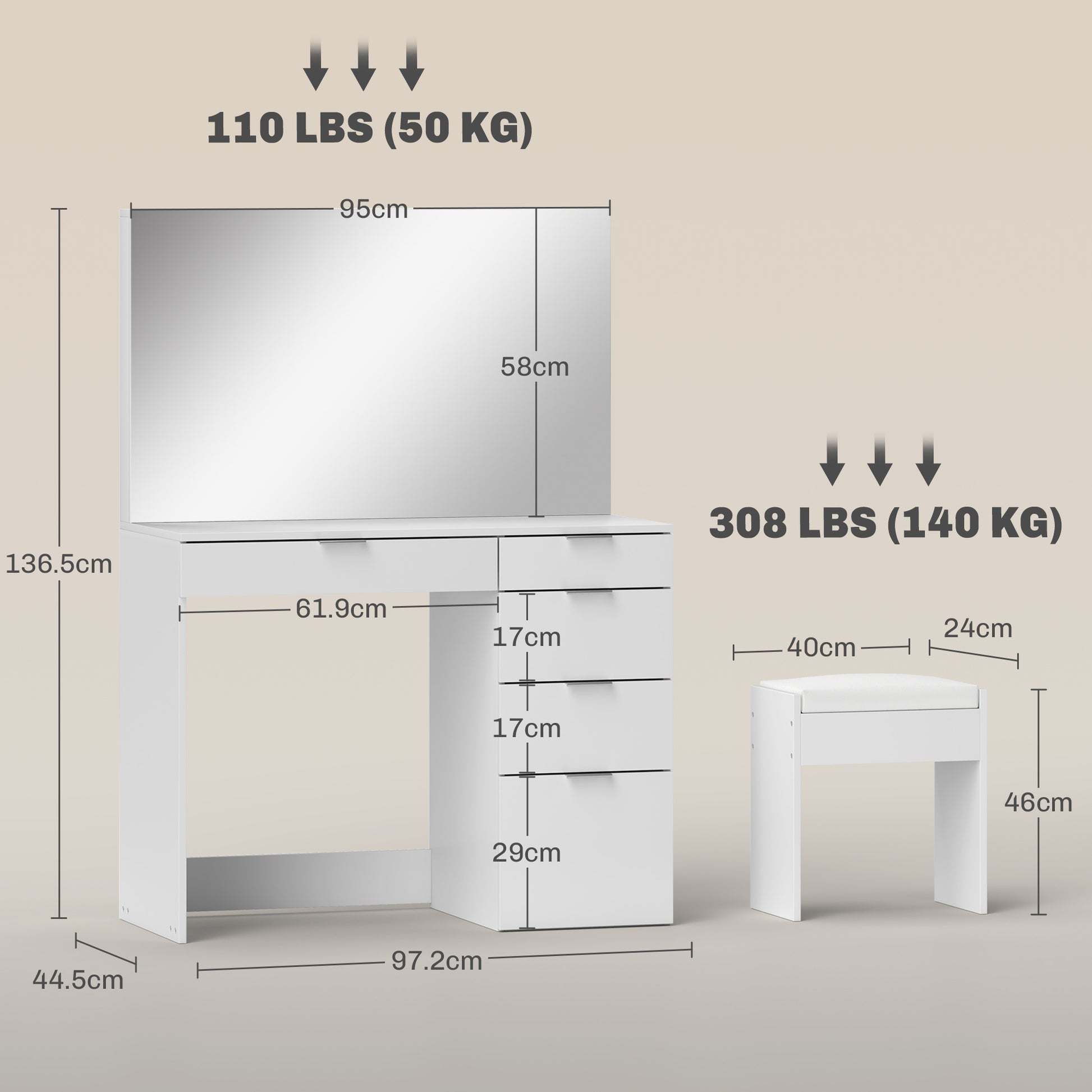 Makeup Table Set with Mirror and 5 Drawers 97.2x44.5x136.5 cm and Padded Makeup Stool 40x24x46 cm, White