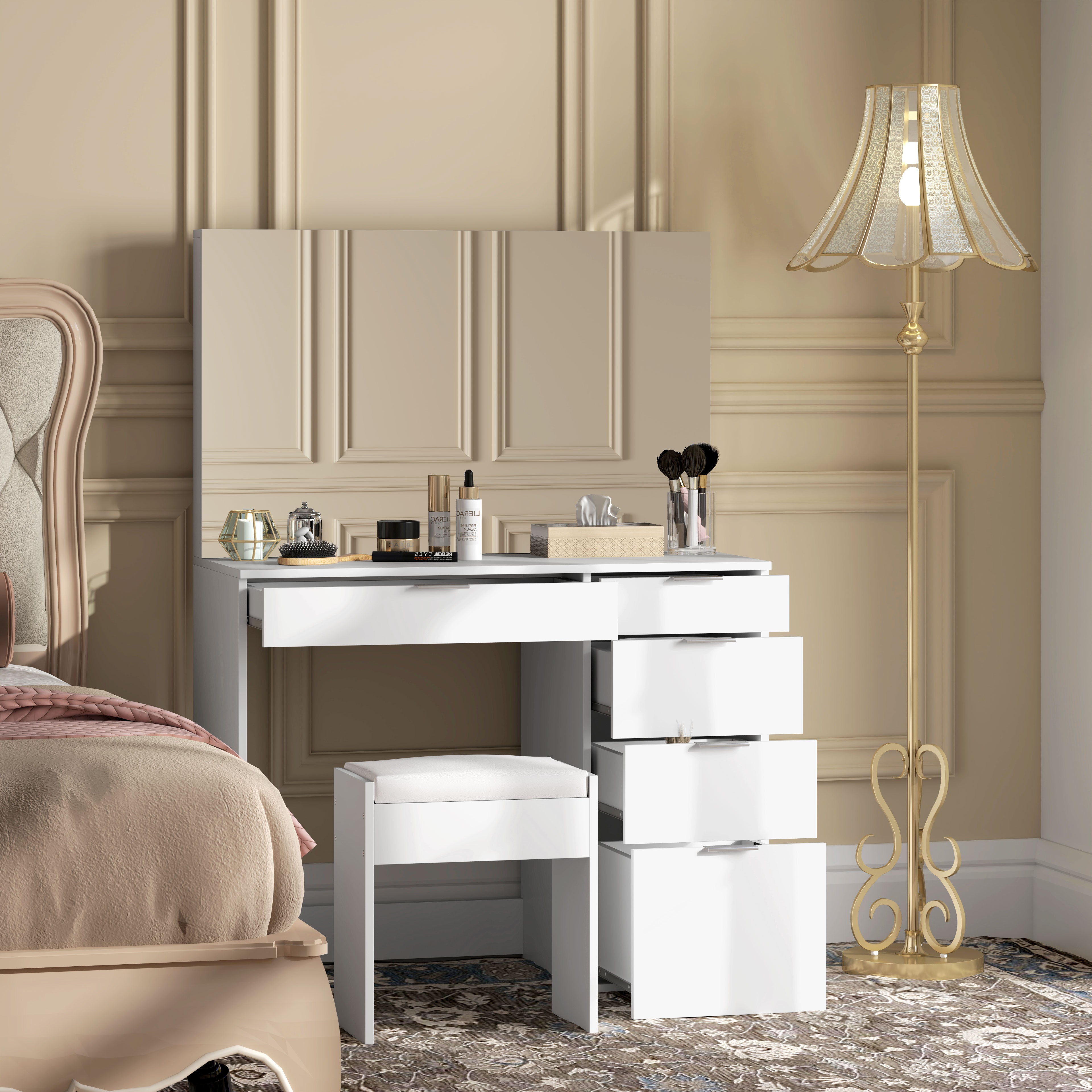 Makeup Table Set with Mirror and 5 Drawers 97.2x44.5x136.5 cm and Padded Makeup Stool 40x24x46 cm, White