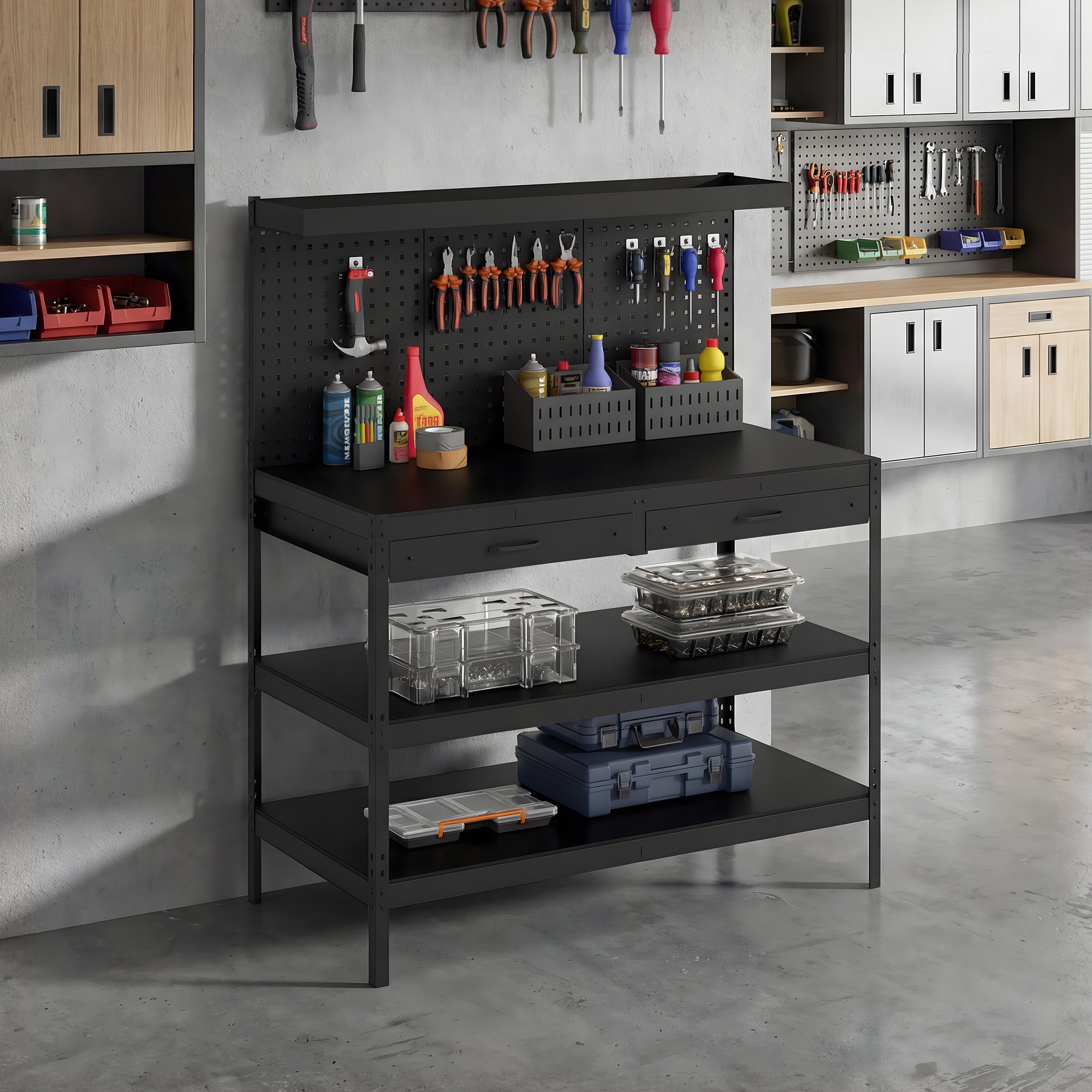 Workbench with Pegboard — Heavy-Duty Workstation with 2 Drawers & 2 Adjustable Shelves, 600 lb Capacity, 48 x 24 x 61.4 in (122 x 61 x 156 cm), Black
