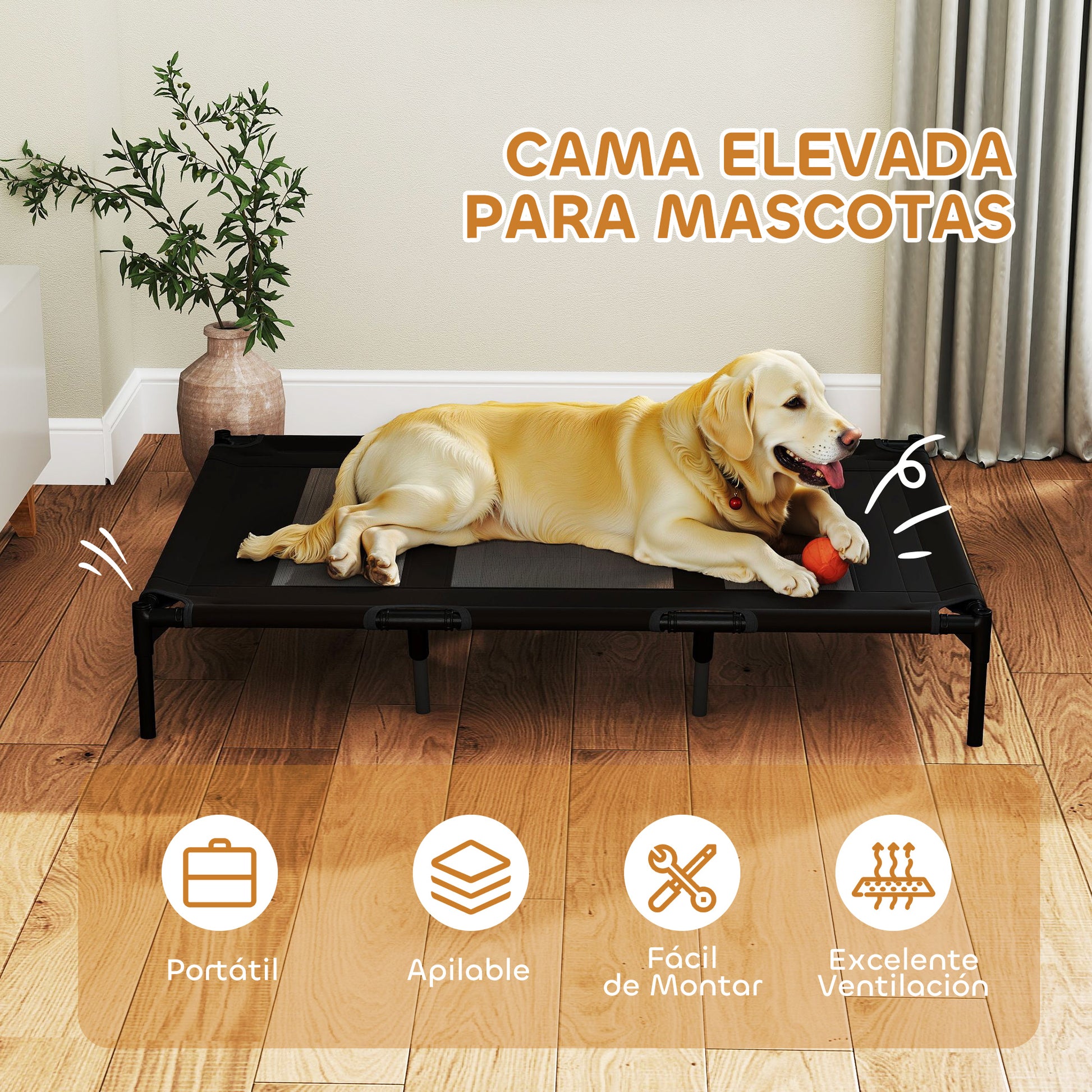 Portable Elevated Bed for Dogs Cats with Breathable Mesh Zone and Oxford Fabric for Indoor Outdoor 122x92x23 cm Black